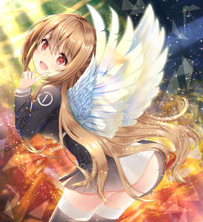 Rule 34 | 1girl, :d, arched back, ass, black dress, black thighhighs, blue wings, blush, brown hair, commentary request, dress, feathered wings, fingernails, game club project, hair between eyes, hand up, head tilt, index finger raised, leaning forward, long hair, long sleeves, looking at viewer, looking back, mimikaki (men bow), open mouth, red eyes, sidelocks, smile, solo, thighhighs, very long hair, virtual youtuber, wings, yumesaki kaede (game club project)