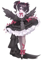 Rule 34 | 1girl, absurdres, ame-chan (needy girl overdose), black dress, black eyes, black hair, black wings, bow, closed mouth, dress, feathered wings, frilled dress, frills, full body, gothic lolita, hair over one eye, hashtag-only commentary, highres, lolita fashion, long hair, long sleeves, mew (mewrurirun), needy girl overdose, pantyhose, puffy long sleeves, puffy sleeves, red bow, red ribbon, ribbon, simple background, solo, standing, twintails, white background, wings