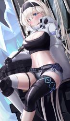Rule 34 | 1girl, absurdres, animal ears, arknights, aurora (arknights), aurora (elite ii) (arknights), bear ears, belt, black gloves, black hairband, black shirt, blue eyes, blush, breasts, cleavage, crop top, daran9, elite ii (arknights), eyes visible through hair, gloves, green hair, grey shorts, hair ornament, hair over one eye, hairband, hairclip, highres, infection monitor (arknights), jacket, knee pads, large breasts, long hair, long sleeves, looking at viewer, micro shorts, midriff, navel, shirt, short shorts, shorts, single thighhigh, sitting, solo, stomach, thigh strap, thighhighs, thighs, very long hair, white hair, white jacket, white thighhighs