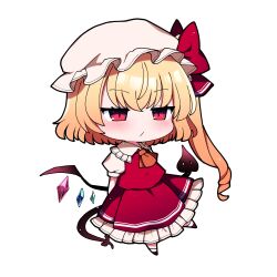 Rule 34 | 1girl, absurdres, ascot, blonde hair, blush, chibi, collared shirt, crystal, flandre scarlet, frilled shirt collar, frilled skirt, frills, full body, hat, highres, laevatein (touhou), long hair, mob cap, one side up, orange ascot, puffy short sleeves, puffy sleeves, red eyes, red footwear, red skirt, red vest, shirt, shoes, short sleeves, simple background, skirt, slit pupils, socks, solo, touhou, vest, white background, white hat, white shirt, white socks, wings, you (noanoamoemoe)