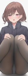 Rule 34 | 1girl, absurdres, ass, black jacket, blush, brown hair, brown pantyhose, collared shirt, commentary request, drawstring, feet out of frame, grey background, hair between eyes, hair ornament, hairclip, highres, higuchi madoka, idolmaster, idolmaster shiny colors, jacket, jyt, knees together feet apart, knees up, long sleeves, looking at viewer, mole, mole under eye, open mouth, panties, panties under pantyhose, pantyhose, purple eyes, shirt, sleeves past wrists, solo, underwear, white panties, white shirt