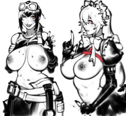 2girls absurdres alexandrina_sebastiane belly black_hair breasts gloves goggles goggles_on_head grace_howard grey_hair highres large_breasts long_hair long_sleeves maid maid_headdress mechanic multiple_girls narrow_waist navel nipple_piercing nipples one_eye_closed pants partially_fingerless_gloves piercing ponytail red_eyes sweat tight_clothes tight_pants zelus zenless_zone_zero