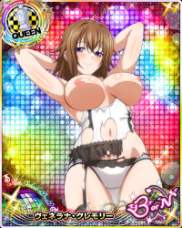 Rule 34 | 1girl, armpits, arms behind head, breasts, breasts out, brown hair, card (medium), garter straps, high school dxd, highres, large breasts, mature female, navel, nipples, nude filter, panties, purple eyes, third-party edit, torn clothes, underwear, venelana gremory