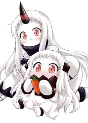 Rule 34 | 10s, 2girls, abyssal ship, blush, carrot, check commentary, claws, colored skin, commentary request, contemporary, covered mouth, detached sleeves, dress, holding, horns, kantai collection, mittens, multiple girls, northern ocean princess, red eyes, ribbed sweater, seaport princess, simple background, single horn, sitting, sweater, white background, white dress, white hair, white skin, yamato nadeshiko