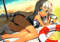 Rule 34 | 10s, 1girl, :d, ass, beach, blonde hair, blue eyes, crop top, flower, hair flower, hair ornament, handheld game console, kantai collection, lifebuoy, long hair, md5 mismatch, meta, moriki, one-piece swimsuit, open mouth, orel cruise, playstation portable, playstation vita, rensouhou-chan, ro-500 (kancolle), school swimsuit, school uniform, smile, solo, swim ring, swimsuit, tan, torpedo