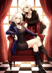 Rule 34 | 2girls, absurdres, artoria pendragon (all), artoria pendragon (fate), black footwear, black jacket, black ribbon, blonde hair, blue jacket, blush, boa sorte, boots, breasts, collarbone, commentary request, dress, fate/grand order, fate (series), hair ribbon, highres, indoors, jacket, jeanne d&#039;arc (fate), jeanne d&#039;arc alter (fate), jeanne d&#039;arc alter (ver. shinjuku 1999) (fate), jewelry, large breasts, long hair, looking at viewer, medium breasts, multiple girls, necklace, official alternate costume, ribbon, saber alter, saber alter (ver. shinjuku 1999) (fate), short hair, silver hair, sitting, smile, wicked dragon witch ver. shinjuku 1999, yellow eyes