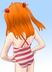 Rule 34 | 1girl, absurdres, ass, back, blue background, cowboy shot, elementary, facing away, female focus, from behind, gradient background, hands on own hips, highres, huge filesize, interface headset, long hair, neon genesis evangelion, one-piece swimsuit, orange hair, shoulder blades, solo, souryuu asuka langley, striped clothes, striped one-piece swimsuit, swimsuit, thighs