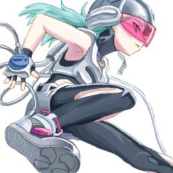 Rule 34 | 1girl, bad id, bad pixiv id, cable, fingerless gloves, from side, game console, gloves, hashimoto (sunehari0109), head-mounted display, helmet, lowres, nintendo, oekaki, personification, pink-tinted eyewear, shoes, simple background, sneakers, solo, super famicom, tinted eyewear, visor, white background