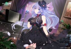 Rule 34 | 1girl, bare shoulders, black dress, black gloves, blue hair, date a live, date a live: spirit pledge, dress, dutch angle, earrings, garter straps, gloves, indoors, instrument, izayoi miku, jewelry, long hair, microphone stand, official art, piano, solo