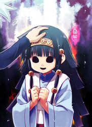 Rule 34 | ^^^, 2boys, alluka zoldyck, black eyes, black hair, brothers, creepy eyes, darkness, eretto, hair ornament, hairband, hand on head, hands on own chest, head pat, hunter x hunter, japanese clothes, killua zoldyck, kimono, male focus, multi-tied hair, multiple boys, open mouth, headpat, siblings, silver hair, smile, surprised, translation request