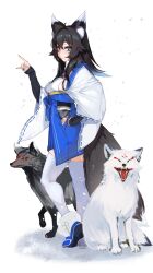 Rule 34 | 1girl, animal, animal ears, black hair, blue eyes, blue nails, blush, breasts, eyeliner, fang, fang out, fox, fox ears, fox girl, hand on own hip, highres, japanese clothes, long hair, looking at viewer, makeup, medium breasts, murechika, original, smile, snow, snowing, solo, thighhighs, white thighhighs, zettai ryouiki