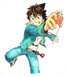 Rule 34 | 1boy, blue pants, denim, eyeshield 21, fingernails, foreshortening, green eyes, green hair, green jacket, grin, highres, holding, jacket, jeans, kobayakawa sena, long sleeves, looking at viewer, male focus, murata yuusuke, official art, open clothes, open jacket, paint can, pants, sanpaku, scan, shoes, simple background, smile, solo, spiked hair, standing, standing on one leg, sweater, traditional media, white background