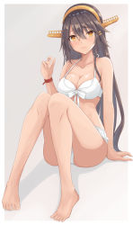 Rule 34 | 1girl, bare arms, bare legs, bare shoulders, barefoot, bikini, black hair, blush, breasts, cleavage, collarbone, gensoukitan, hair between eyes, hair ornament, hairband, hairclip, haruna (kancolle), headgear, highres, kantai collection, large breasts, long hair, looking at viewer, open mouth, solo, swimsuit, white bikini, yellow eyes