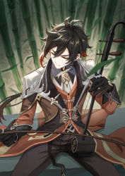 Rule 34 | 1boy, absurdres, antenna hair, bamboo, bamboo forest, black gloves, black pants, black shirt, blush, bow (music), brown hair, brown jacket, brown vest, closed eyes, closed mouth, collared shirt, commentary request, diechong, erhu, eyeshadow, forest, gem, genshin impact, gloves, hair between eyes, highres, holding, holding instrument, instrument, jacket, long hair, long sleeves, looking at viewer, low ponytail, makeup, male focus, nature, pants, ponytail, red eyeshadow, serious, shirt, sidelocks, sitting, solo, suit jacket, tailcoat, thumb ring, vest, wing collar, zhongli (genshin impact)