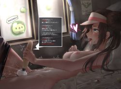 Rule 34 | 1girl, bed, blue eyes, blush, breasts, brown hair, clothes pull, commentary request, creatures (company), curtains, double bun, egg vibrator, english text, female ejaculation, female masturbation, forced masturbation, forced orgasm, from side, fucked silly, game freak, gameplay mechanics, gen 5 pokemon, hair bun, heart, highres, hitachi magic wand, indoors, knee up, long hair, looking up, lying, masturbation, medium breasts, mind control, momonoko noko, nintendo, nipples, nude, on back, open mouth, pantyhose, pillow, pokemon, pokemon (creature), pokemon bw, pokemon bw2, pussy juice, reuniclus, rosa (pokemon), saliva, sex toy, skirt, skirt pull, solo focus, solosis, spoken heart, sweat, translated, trembling, twintails, vibrator, visor cap, window