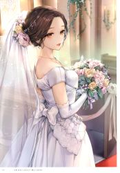 Rule 34 | 1girl, absurdres, artist name, blurry, blurry background, bouquet, bow, breasts, bridal veil, brown eyes, brown hair, dress, elbow gloves, flower, gloves, hair ornament, highres, holding, indoors, jewelry, kaguyuzu, lips, lipstick, looking at viewer, makeup, medium breasts, necklace, open mouth, original, page number, scan, see-through, smile, solo, tears, veil, wedding dress, white dress, white gloves