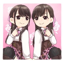 Rule 34 | 2girls, assault lily, black thighhighs, boots, border, bow, braid, brown eyes, brown footwear, brown hair, closed mouth, collared shirt, commentary, corset, dual persona, eye contact, feet out of frame, floral background, french braid, frilled skirt, frills, fukuyama jeanne sachie, gradient background, hair bow, hand on own chest, hand up, knee boots, long hair, long sleeves, looking at another, looking to the side, ludvico private girls&#039; academy school uniform, miniskirt, mole, mole above mouth, mole under eye, mole under mouth, multiple girls, nigari (ngari 0115), pink background, pink bow, pink skirt, plaid, plaid skirt, school uniform, shirt, sitting, skirt, smile, symbol-only commentary, thighhighs, underbust, white border, white shirt