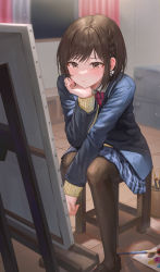Rule 34 | 1girl, absurdres, beige sweater, black pantyhose, blazer, blue jacket, blue skirt, blurry, blurry background, blush, braid, brown eyes, brown footwear, brown hair, canvas (object), chair, closed mouth, collared shirt, crying, crying with eyes open, curtains, easel, hand on own chin, highres, indoors, jacket, kamiyama high school uniform (project sekai), loafers, long sleeves, original, paintbrush, palette (object), pantyhose, plaid, plaid skirt, pleated skirt, school uniform, shirt, shoes, short hair, sitting, skirt, solo, tears, tokkyu, white shirt, window