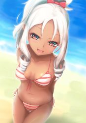 Rule 34 | 10s, 1girl, :d, alternate hair color, arms behind back, beach, bikini, blurry, blush, bow, breasts, breasts apart, brown eyes, collarbone, depth of field, drill hair, eromanga sensei, front-tie bikini top, front-tie top, hair bow, head tilt, highres, loussier666, medium breasts, navel, open mouth, pointy ears, red bow, sand, smile, solo, standing, striped bikini, striped clothes, swimsuit, tan, thigh gap, water, white hair, yamada elf
