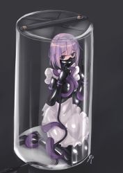 Rule 34 | 1girl, abandoned, absurdres, apron, bodysuit, collar, corrupted, corruption, dress, face mask, femdom, gagged, girl in a box, girl in container, gloves, heels, high heels, highres, iin, in container, keys, latex, latex gloves, locked, locks, maid, mask, otn mask, oxygen mask, pipelining, purple hair, shiny clothes, solo, stasis tank, storage, tentacles, trapped, tube