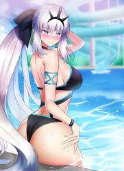 Rule 34 | 1girl, absurdres, ass, avil, bikini, black bikini, blue eyes, blush, bow, braid, breasts, fate/grand order, fate (series), hair bow, hair ornament, hand on own thigh, highres, large breasts, long hair, looking at viewer, morgan le fay (fate), ponytail, pool, poolside, sideboob, silver hair, sitting, solo, swimsuit