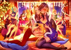 Rule 34 | 6+girls, aerith gainsborough, arcane: league of legends, arcane caitlyn, arcane vi, artist name, barefoot, black hair, blake belladonna, blonde hair, blue hair, blush, boots, bottle, breasts, bunny ears prank, caitlyn (league of legends), candle, cherry in the sun, christmas tree, cleavage, closed eyes, commentary, couch, couple, crossover, dress, english commentary, english text, final fantasy, final fantasy vii, fireworks, fishnet thighhighs, fishnets, green eyes, hat, indoors, kiss, large breasts, league of legends, long hair, multiple crossover, multiple girls, nami (one piece), naruto, naruto (series), nefertari vivi, night, no shoes, one piece, orange hair, pants, pillow, pout, red eyes, red hair, rwby, santa hat, shoes, sign, sitting, sitting on lap, sitting on person, smile, stairs, surprise kiss, surprised, teeth, terumi mei, thighhighs, tifa lockhart, tsunade (naruto), vi (league of legends), wooden floor, yang xiao long, yuri