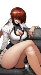 Rule 34 | 1girl, ass, breasts, buttons, carcass (artist), chair, cleavage, cleavage cutout, closed mouth, clothing cutout, covered collarbone, crossed legs, earrings, fingernails, hair between eyes, jacket, jewelry, large breasts, lips, long hair, long sleeves, looking at viewer, miniskirt, ponytail, red hair, shermie (kof), simple background, sitting, sitting on object, skirt, smile, solo, the king of fighters, thighs, turtleneck, white background