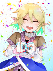 Rule 34 | 1girl, arm warmers, black shirt, blonde hair, blush, breasts, brown shirt, closed eyes, colored inner hair, comiket 100, commentary request, confetti, cowboy shot, gradient background, green hair, heart, heart hands, highres, mizuhashi parsee, multicolored hair, open mouth, pointy ears, shirt, short hair, short sleeves, signature, small breasts, smile, solo, tomekami, touhou, undershirt, white background