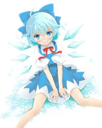 Rule 34 | 1girl, ahoge, angry, bad id, bad pixiv id, blue eyes, blue hair, blush, bow, bowtie, child, cirno, dress, embodiment of scarlet devil, female focus, frown, hair bow, legs, matching hair/eyes, neck ribbon, on floor, pan (mimi), ribbon, sitting, skirt, solo, tears, touhou, v arms, wings