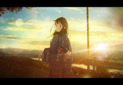 Rule 34 | 1girl, backlighting, bag, black hair, blazer, bridge, brown eyes, brown hair, cloud, commentary, dark, from behind, grass, highres, hill, horizon, jacket, charm (object), lens flare, letterboxed, light particles, light rays, long hair, looking at viewer, looking back, nakamura yukihiro, ocean, open mouth, original, plaid, plaid skirt, power lines, river, road, scenery, school bag, school uniform, skirt, sky, smile, solo, street, sunrise, tiger, tree, utility pole, water, wind