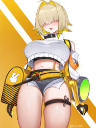 Rule 34 | 1girl, :3, ahoge, bag, black gloves, black sports bra, blonde hair, breasts, colored inner hair, commentary request, cowboy shot, crop top, crop top overhang, detached sleeves, elegg (nikke), fang, fanny pack, gauntlets, gloves, goddess of victory: nikke, hair intakes, hair over eyes, highres, large breasts, midriff, multicolored hair, navel, open mouth, shirt, short hair, short shorts, shorts, sidelocks, skindentation, solo, sports bra, standing, suspender shorts, suspenders, thigh strap, twitter username, two-tone hair, white shirt, yazuki (n y 0714)