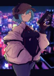 Rule 34 | 1girl, absurdres, black leotard, blue hair, blurry, blurry background, breasts, brown hat, cabbie hat, cirno, cirno (cookie), city, city lights, closed mouth, collared leotard, commentary request, cookie (touhou), cosplay, cowboy shot, cyberpunk (series), cyberpunk edgerunners, earmuffs, expressionless, grey eyes, grey pantyhose, gun, hair between eyes, hand in pocket, handgun, hat, highres, holding, holding gun, holding weapon, jacket, jacket partially removed, leotard, looking at viewer, lucy (cyberpunk), lucy (cyberpunk) (cosplay), medium bangs, medium breasts, neck ribbon, pantyhose, pistol, ribbon, short hair, solo, tatamaru5382, touhou, trigger discipline, weapon, white jacket