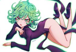 Rule 34 | 1girl, artist name, ass, aura, bad id, bad twitter id, black dress, breasts, curly hair, dress, flipped hair, floating, floating clothes, green eyes, green hair, hair between eyes, high heels, highres, liyart, looking at viewer, no panties, one-punch man, open mouth, outline, pelvic curtain, short hair, side slit, simple background, small breasts, solo, tatsumaki, telekinesis, thighs, v-shaped eyebrows, white background