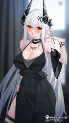 Rule 34 | 1girl, arknights, banned artist, bare shoulders, black choker, black dress, blush, breasts, choker, cleavage, commentary request, cowboy shot, detached sleeves, dress, earrings, ett, hand up, highres, horns, infection monitor (arknights), jewelry, large breasts, long hair, looking at viewer, material growth, mudrock (arknights), mudrock (obsidian) (arknights), official alternate costume, oripathy lesion (arknights), parted lips, pointy ears, red eyes, short sleeves, sleeveless, sleeveless dress, solo, standing, thigh strap, very long hair, white hair