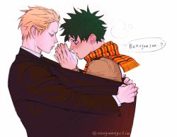 Rule 34 | 2boys, alternate hairstyle, artist name, bakugou katsuki, black coat, black scarf, blush, boku no hero academia, brown jacket, coat, freckles, from side, hands up, jacket, long sleeves, looking at another, male focus, midoriya izuku, multiple boys, open mouth, orange scarf, own hands clasped, own hands together, red scarf, scarf, shared clothes, shared coat, short hair, speech bubble, wengwengchim