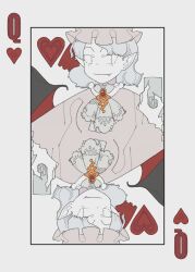 Rule 34 | 1girl, ascot, bat wings, bolos, bow, brooch, claws, collared shirt, cup, fang, fang out, frilled sleeves, frills, grey hair, hat, hat ribbon, heart, heart card, holding, holding cup, jewelry, mob cap, pink headwear, pink shirt, queen (playing card), queen of hearts (playing card), red bow, red ribbon, remilia scarlet, ribbon, shirt, short hair, slit pupils, touhou, wings