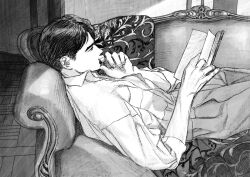 Rule 34 | 1boy, book, closed mouth, collared shirt, couch, cowboy shot, greyscale, highres, holding, holding book, indoors, jaddddan, looking at object, looking to the side, lying, male focus, monochrome, on back, original, pillow, reading, shirt, short hair, solo, very short hair