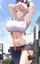 Rule 34 | 1girl, armpits, arms up, bare arms, belt, blue sky, blush, breasts, brown belt, can, cloud, commentary request, cowboy shot, crop top, day, denim, drink can, fate/grand order, fate (series), grey eyes, highres, jeans, keenh, large breasts, looking at viewer, midriff, miyamoto musashi (fate), navel, pants, parted lips, pink hair, ponytail, scabbard, sheath, shirt, short hair, short sleeves, sky, soda can, solo, standing, stomach, thighs, tied shirt, white shirt
