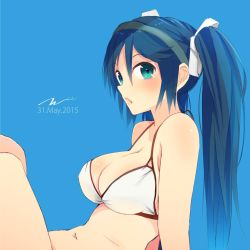 Rule 34 | 10s, 1girl, 2015, aqua eyes, artist name, bikini, blue background, blue hair, breasts, covered erect nipples, dated, female focus, hair ribbon, hairband, isuzu (kancolle), kantai collection, large breasts, long hair, looking at viewer, navel, open mouth, ribbon, see-through, signature, simple background, smile, solo, swimsuit, tebi (tbd11), twintails, white bikini