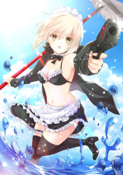 Rule 34 | 1girl, aiming, aiming at viewer, apron, artoria pendragon (all), artoria pendragon (alter swimsuit rider) (fate), artoria pendragon (alter swimsuit rider) (second ascension) (fate), artoria pendragon (fate), bikini, bikini skirt, bikini under clothes, black bow, black bowtie, black footwear, black jacket, black thighhighs, blonde hair, blue sky, bow, bowtie, breasts, bridal garter, cleavage, cloud, detached collar, fate/grand order, fate (series), frilled apron, frilled skirt, frills, full body, gun, highres, holding, holding gun, holding weapon, iroha (shiki), jacket, leg up, long sleeves, looking at viewer, maid, maid bikini, maid headdress, medium breasts, mop, navel, open mouth, outstretched arm, saber alter, shoes, short hair, skirt, sky, solo, standing, standing on one leg, sunlight, swimsuit, thighhighs, unconventional maid, wading, water, water drop, weapon, yellow eyes