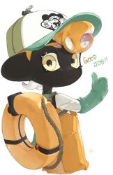 Rule 34 | 1boy, a a2001214, baseball cap, closed mouth, commentary request, dark-skinned male, dark skin, english text, gloves, green gloves, hat, highres, innertube, lifebuoy, looking back, nintendo, octoling, octoling boy, octoling player character, orange hair, print headwear, rubber gloves, salmon run (splatoon), short hair, simple background, smile, solo, splatoon (series), splatoon 3, standing, swim ring, tentacle hair, thumbs up, very dark skin, white background, yellow eyes
