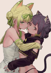 Rule 34 | 2girls, absurdres, animal ears, bare shoulders, blonde hair, blunt bangs, bow, breasts, brown eyes, buttons, cat ears, cat girl, cat tail, closed mouth, crop top, cropped hoodie, detached sleeves, diamond (shape), double-breasted, dress, dutch angle, from side, green bow, green eyes, green ribbon, hair bow, hair bun, hair ribbon, half updo, hand on another&#039;s shoulder, highleg, highleg panties, highres, hood, hood down, hoodie, hug, looking away, medium breasts, multicolored hair, multiple girls, no pants, original, panties, pink hair, purple hair, ribbon, sailor collar, short hair, side bun, sideways glance, simple background, single side bun, sleeveless, sleeveless dress, streaked hair, tail, tongue, tongue out, tuck (tuck23978434), underboob, underwear, yellow bow