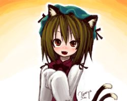 Rule 34 | 1girl, animal ears, bad id, bad pixiv id, blush, brown eyes, brown hair, cat ears, cat girl, cat tail, chen, fang, female focus, hat, kuroya kei, looking up, multiple tails, open mouth, oversized clothes, own hands together, short hair, signature, sleeves past wrists, smile, solo, tail, touhou, upper body