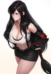 Rule 34 | 1girl, arm guards, bad id, bad pixiv id, bare shoulders, black skirt, breasts, brown hair, cleavage, closed mouth, elbow pads, female focus, final fantasy, final fantasy vii, fingerless gloves, gloves, hands on own hips, highres, large breasts, long hair, low-tied long hair, miniskirt, navel, nuker (nukerdraws), pencil skirt, red eyes, shirt, skirt, solo, sports bra, square enix, stomach, suspender skirt, suspenders, tank top, taut clothes, taut shirt, thighs, thinking, tifa lockhart, toned, white background, white tank top