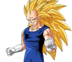 Rule 34 | 1boy, blonde hair, blue eyes, blue pants, blue tank top, clenched hands, cowboy shot, dragon ball, gloves, grin, long hair, looking at viewer, male focus, muscular, muscular male, pants, simple background, smile, solo, spiked hair, super saiyan, super saiyan 3, tank top, vegeta, very long hair, white background, white gloves