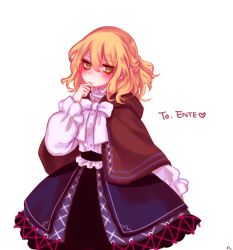 Rule 34 | 1girl, bad id, bad twitter id, belt, black belt, blonde hair, blue skirt, blush, bow, bowtie, brown capelet, capelet, center frills, commentary request, cowboy shot, frills, green eyes, hair between eyes, half updo, hand on own chin, hand up, heart, hood, hooded capelet, korean commentary, long sleeves, looking at viewer, mizuhashi parsee, puffy sleeves, shan, shirt, short hair, simple background, skirt, solo, touhou, white background, white bow, white bowtie, white shirt