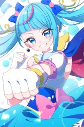 Rule 34 | 1girl, ahoge, blue cape, blue dress, blue eyes, blue hair, cape, commentary request, cure sky, dress, earrings, eyelashes, fingerless gloves, gloves, hair ornament, happy, highres, hirogaru sky! precure, jewelry, long hair, looking at viewer, magical girl, multicolored hair, nananaya7370, pink hair, precure, red cape, smile, solo, sora harewataru, standing, streaked hair, twintails, two-tone cape, white gloves, wing hair ornament