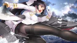 Rule 34 | 1girl, absurdres, ass, azur lane, black footwear, black hair, black pantyhose, blunt bangs, bow, breasts, cannon, clothes lift, cloud, cloudy sky, commentary request, day, eyelashes, fighting stance, from behind, from side, gloves, hair bow, hair flaps, half gloves, hands up, highres, holding, holding sword, holding weapon, katana, large breasts, loafers, long hair, long sleeves, looking to the side, machinery, military, military uniform, miniskirt, ocean, open mouth, outdoors, panties, panties under pantyhose, pantyhose, pantyshot, pleated skirt, ponytail, ready to draw, ribbon, rigging, rin2008, scabbard, sheath, shiny clothes, shoes, skirt, sky, solo, splashing, squatting, sword, takao (azur lane), teeth, thighband pantyhose, thighs, tsurime, turret, underwear, uniform, unsheathed, upper teeth only, upskirt, very long hair, water, weapon, white bow, white gloves, white panties, white ribbon, white skirt, yellow eyes