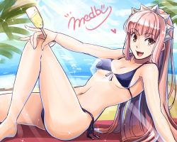 Rule 34 | 1girl, alcohol, aono shimo, bad id, bad pixiv id, beach, bikini, blunt bangs, breasts, champagne, champagne flute, character name, cup, day, drinking glass, fate/grand order, fate (series), front-tie bikini top, front-tie top, heart, holding, long hair, looking at viewer, medb (fate), medium breasts, navel, ocean, open mouth, pink hair, purple bikini, side-tie bikini bottom, smile, solo, stomach, swimsuit, tiara, yellow eyes