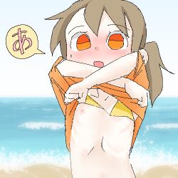 1girl a_(phrase) akame-chan_(kyo-yan) beach bikini blush brown_hair clothes_lift flat_chest full-face_blush hair_between_eyes highres kyo-yan loli long_hair ocean orange_eyes original ponytail ribs sketch sky swimsuit wardrobe_malfunction